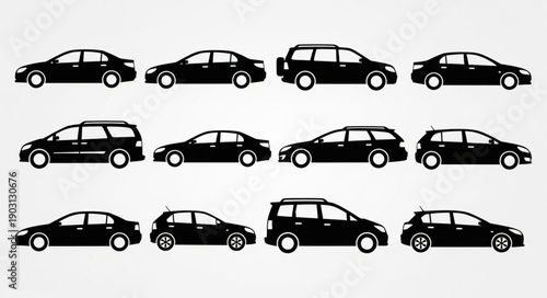 Collection of diverse black car silhouettes in a grid layout.