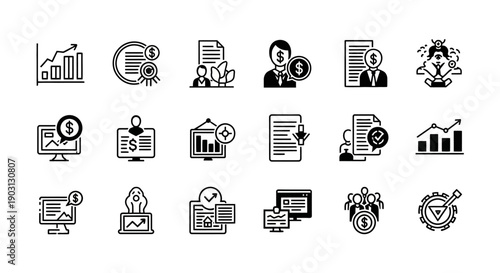 Business Finance Icons: Growth, Investment, Documents, Teamwork, Data Analysis