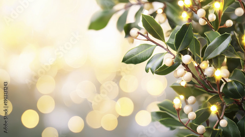 Elegant image of holly leaves and white berries with soft bokeh lights in background, creating festive atmosphere