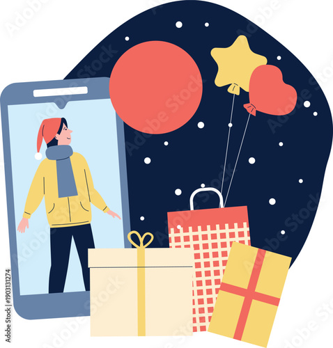 Happy customer choose christmas present online. Holiday shopping