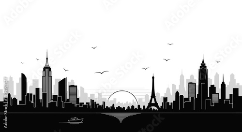 City Skyline Silhouette Against Open Book.