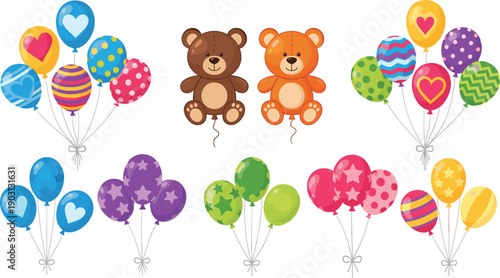 Festive balloon and teddy bear vector set with colorful star heart and polka dot patterns for birthday parties or baby shower invitations