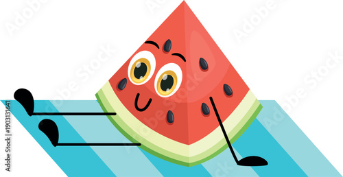 Watermelon slice on beach. Summer cartoon happy mascot