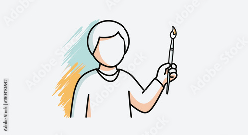 Person Holding Paintbrush Simple Line Art.