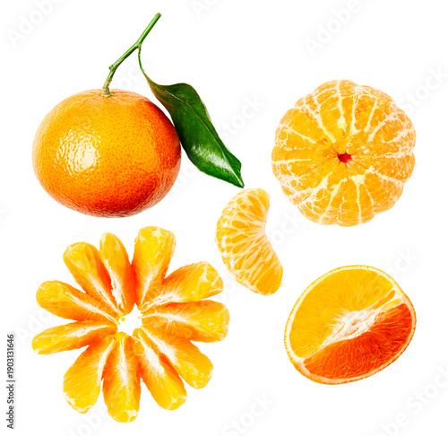 a collection of peeled and whole clementines and mandarin oranges, with segments and leaves, presented on a transparent background.