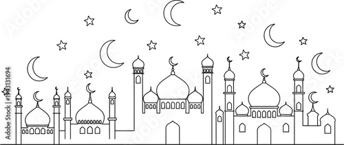 Illustration of mosque skyline with crescent moons and stars at night