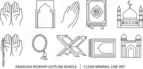 Ramadan worship outline bundle with mosque prayer beads and holy book illustrations