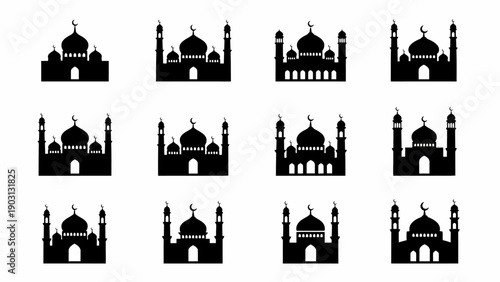Collection of mosque silhouettes with domes and minarets on white background