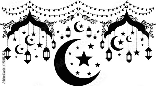 ramadan kareem decorations with crescent moon star lanterns and lights  islamic eid mubarak celebration elements
