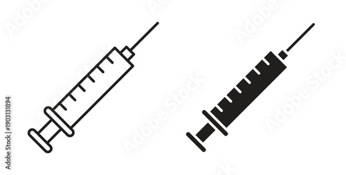Syringe injection icons vector symbol with editable stroke and flat versions