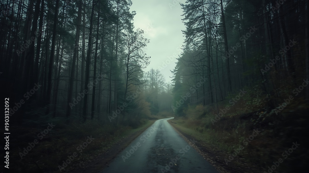 Obraz premium Empty Winding Path Through a Dense Cinematic Forest