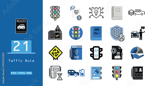 A versatile compilation of flat icons dedicated to understanding traffic laws, ensuring car safety, interpreting various road warnings, and comprehending mechanical aspects of driving.