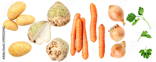 wholesome ingredients for a hearty stew, including potatoes, carrots, onions, and celeriac, presented on a clean transparent background for culinary inspiration.