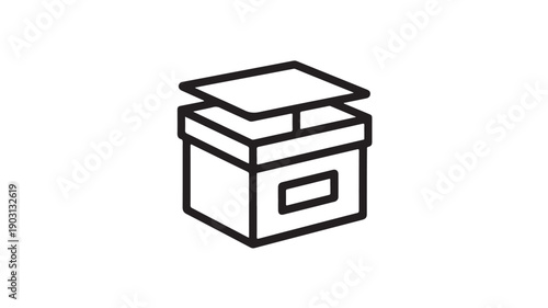 Simple box icon in minimalist style with black outline on white background for packaging design