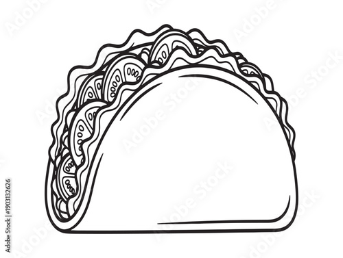 A black and white line drawing of a taco