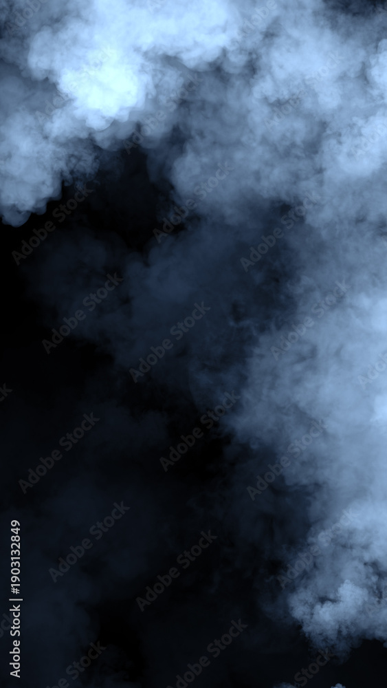 Fototapeta premium Vertical abstract blue smoke misty fog on isolated black background. Smoke effect overlays. Design texture element.