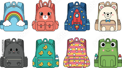 Whimsical children’s backpack vector set with cute animal faces rainbow and rocket ship designs for back-to-school branding or nursery stickers