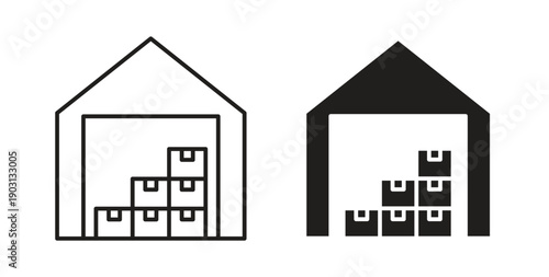 Warehouse icons vector symbol with editable stroke and flat versions