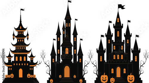 Spooky Halloween haunted castle vector set with black silhouettes of gothic fortresses and glowing pumpkins for party invitations or eerie window decals