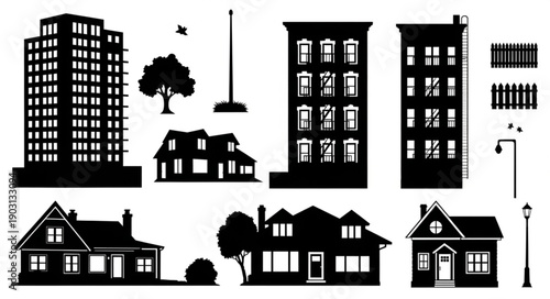 Collection of diverse building silhouettes for architectural design.