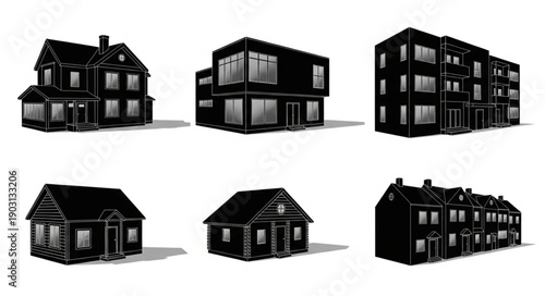 Collection of Diverse Building Silhouettes on White Background.