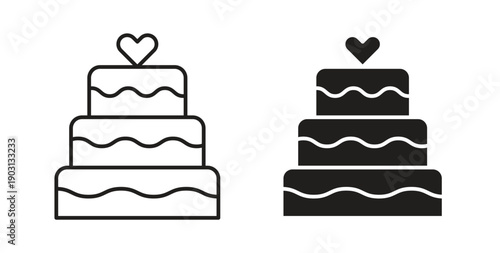 Wedding cake icons vector symbol with editable stroke and flat versions