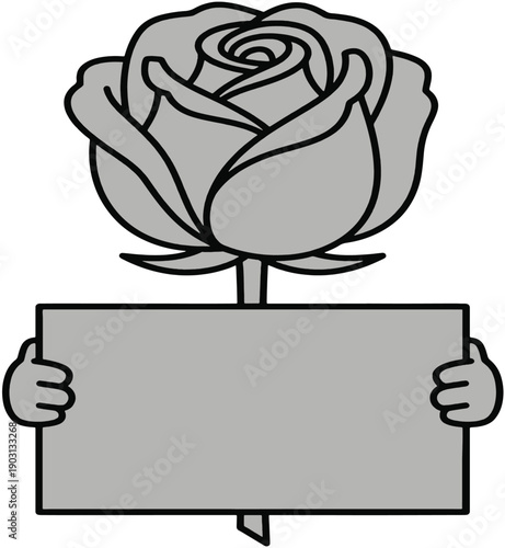 Grey Rose Flower Character Holding a Blank Message Sign or Banner.