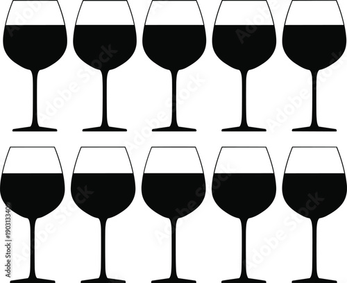 Black silhouette set of wine glass icons with red wine liquid inside isolated on white background for restaurant bar menu and party celebration.