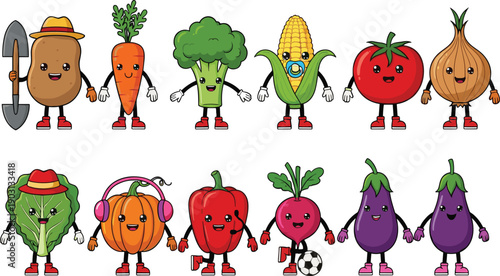 Kawaii vegetable vector set with cute potato pumpkin and broccoli characters for children’s nutrition education or gardening stickers