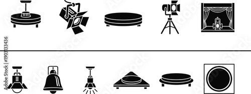 Black silhouette set of theater stage equipment icons including spotlights, studio lights, curtains, tripods, and pedestal platforms for entertainment performance events and production design.