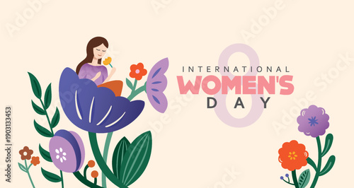 8 March, Happy International Women's Day, Women's History Month banner. Vector illustration. 