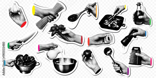 Halftone cooking hands set with culinary tools and ingredients including knife, pan, oil, pasta, and herbs isolated