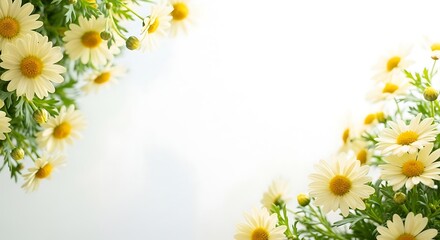 A delicate arrangement of white daisies with yellow centers frames a bright open space