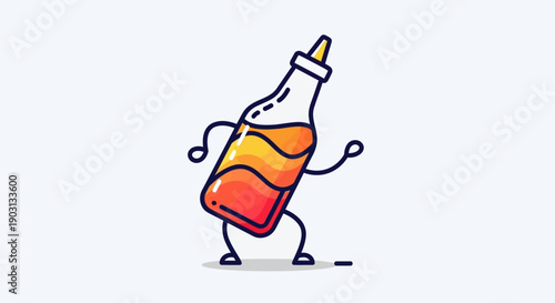 Playful illustration of a hot sauce bottle with arms and legs, actively walking or dancing with a
