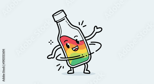 A vibrant cartoon bottle character happily dancing with a hula hoop on a light background