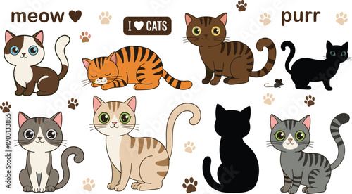Kawaii cat vector illustration set with cute tabby black and bicolor cats for pet-themed stationery or nursery stickers