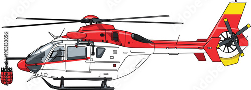 Firefighting rescue helicopter with water bucket flying emergency response aircraft illustration isolated on white background safety service aviation equipment concept