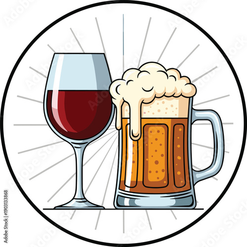 Glass of red wine and frothy beer mug illustration isolated on white background beverage alcohol drink concept design