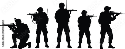 Group of armed military soldiers in defensive formation silhouette illustration isolated on white background security defense tactical operation concept