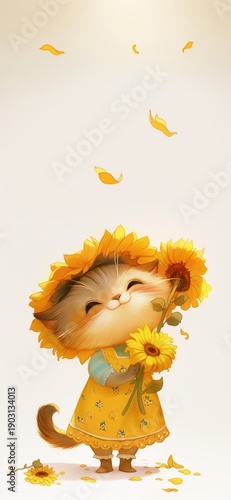 Cute Cat Holding Sunflowers