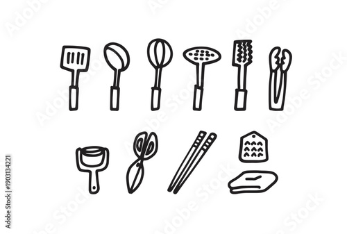 モノクロの手描きキッチンツールのイラストセット