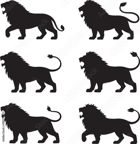 collection of lion silhouettes walking and roaring