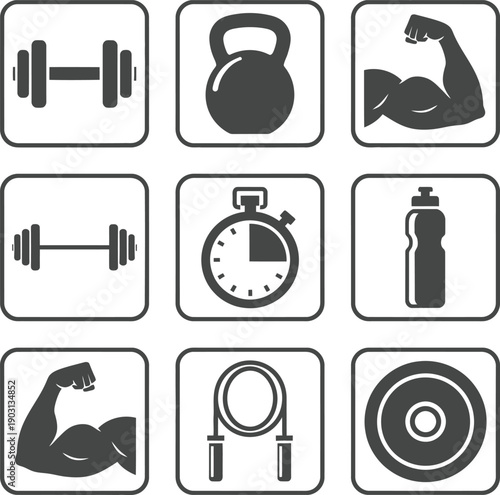 Gym Fitness and Bodybuilding Icon Set with Dumbbells Kettlebell and Muscle Flexing