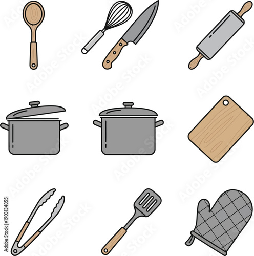 Set of Modern Flat Line Kitchen Utensils Icons for Cooking and Culinary Design Web