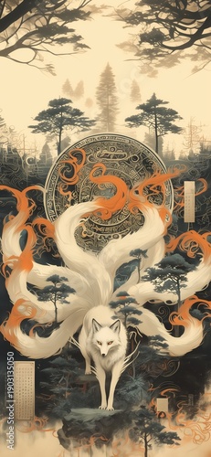 Mythical Nine - Tailed Fox in Ink - Wash Style