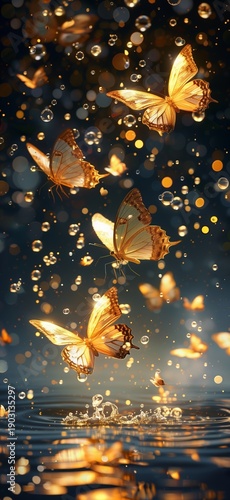 Golden Butterflies over Water with Sparkles