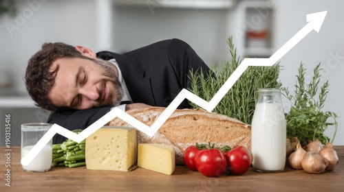 Man asleep near food with growing arrow illustrating success concept