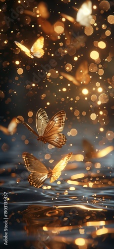 Golden Butterflies over Water with Sparkles