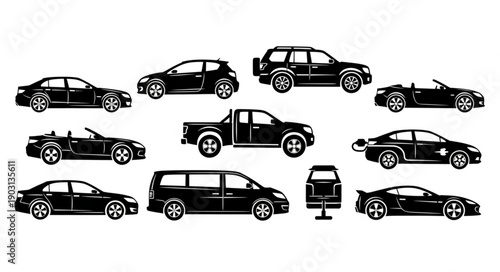 Collection of diverse car silhouettes in black and white.