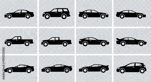 Collection of diverse car silhouettes in profile view.